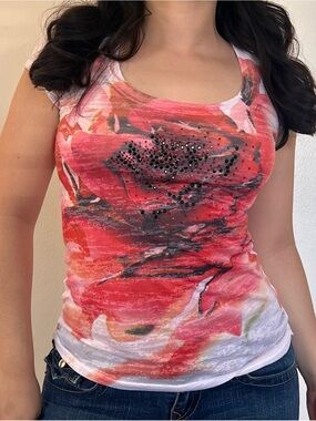 Cache Rose Print Short Sleeve Shirt // semi-sheer // Size S